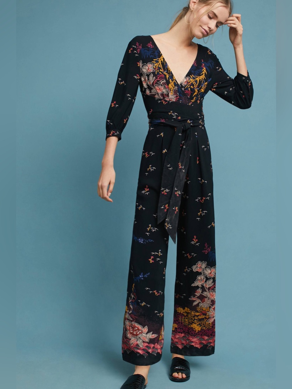 Anthropologie Feather Bone Nara Floral V-Neck Wide Leg Jumpsuit w Tie Waist Sz 2
